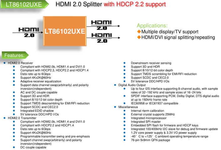 LT86102UXE-HDMI2.0 1进2出分配器，内置MCU,支持蓝光播放器